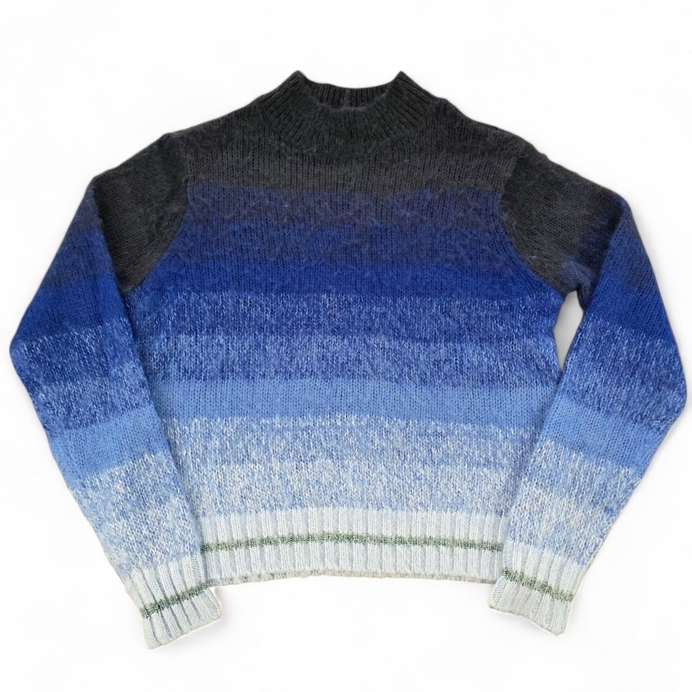 NWT American Eagle Gradiant Striped Blue Metallic Fuzzy Knit Sweater Size Small